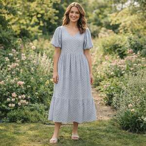 Polagram Blue Swiss Dot Puff Sleeve Tiered Midi Dress Cottagecore M